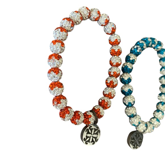 Rustic Cuff Double Bracelet Set Rhinestone Red & Blue Sparkle Stretchy - Picture 2 of 4